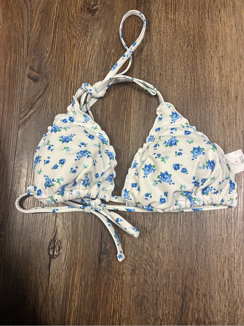 White Floral Triangle Bikini Top - Blue Tiny Roses Spring Summer Vacation Swim